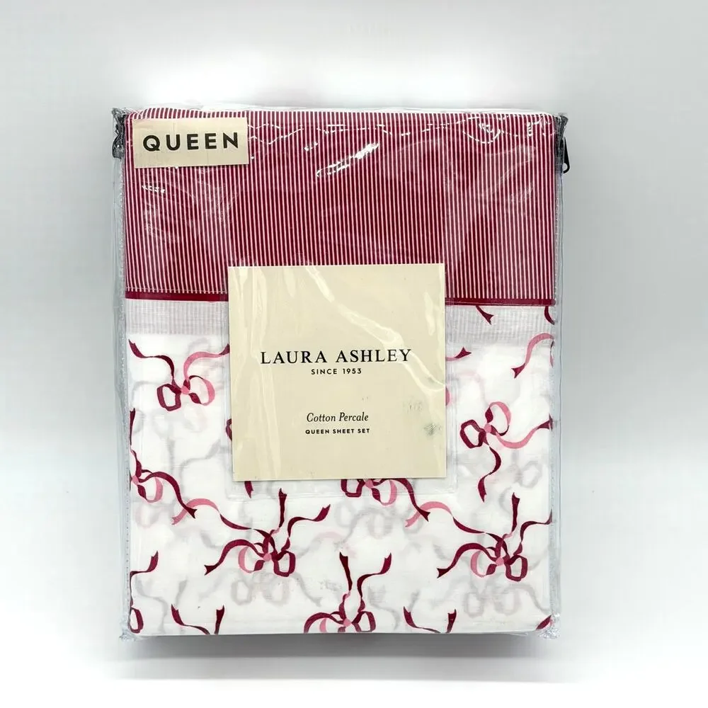 Laura Ashley Trailing Bows Red & White Striped Hem 4pc QUEEN Sheet Set NEW